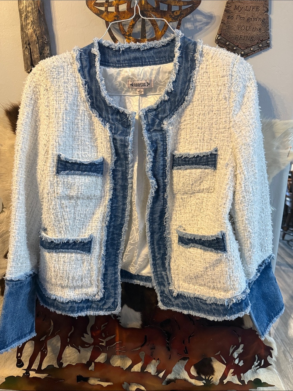Nanette Lepore White Bouclé Jacket with Denim Trim Accents